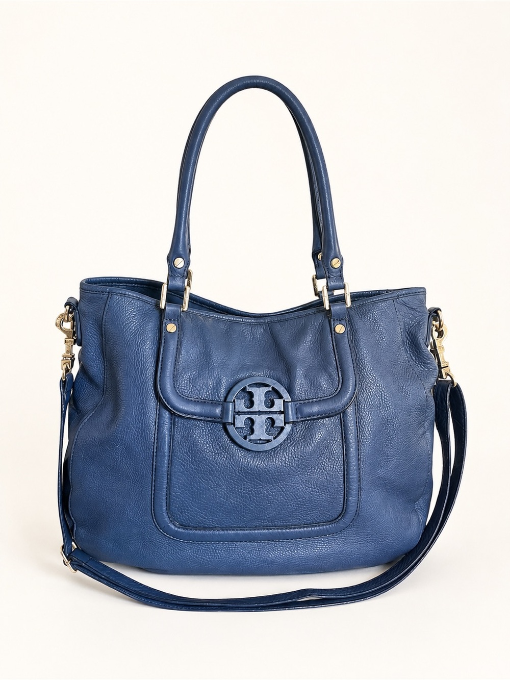 Tory Burch Amanda Classic Handle Blue Leather Hobo Tote Crossbody